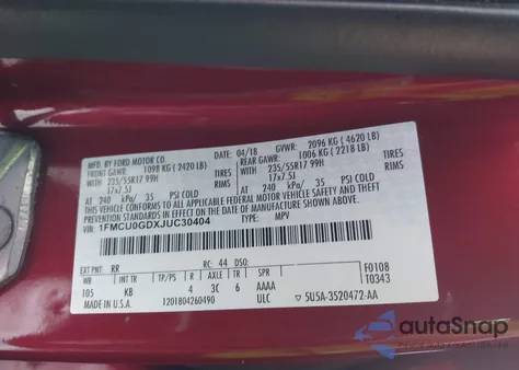 2018 Ford Escape Se from USA, damaged, VIN 1FMCU0GDXJUC30404